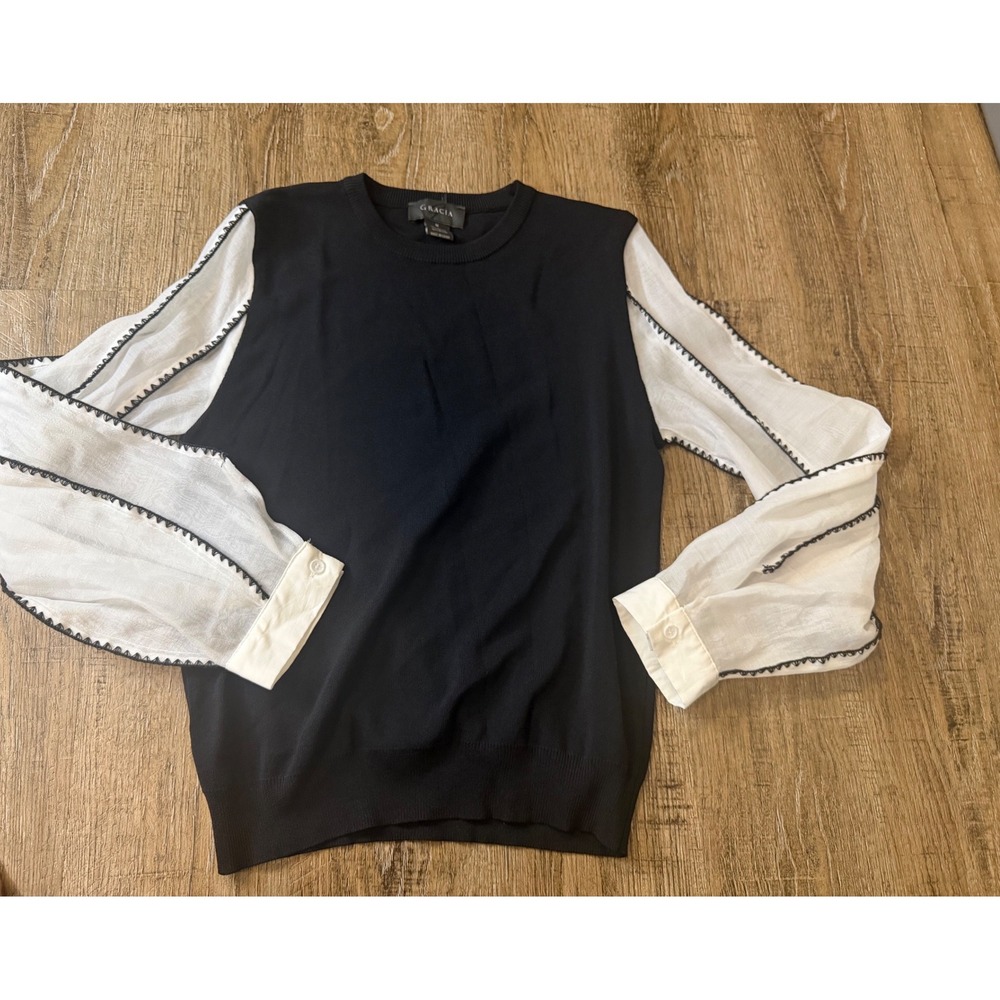 Gracia Black Knit Top White Sheer Embroidered Puff Sleeve Blouse Size M